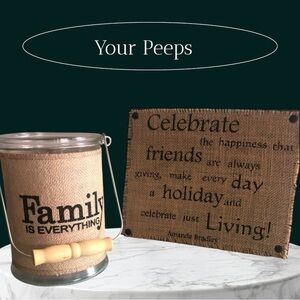 Burlap MANOR LANE Candle Holder and HALLMARK Decorative Plaque Set